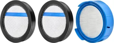 Three vacuum cleaner filters are displayed against a white background. Two filters are identical and have black frames with a white filter material and a blue stripe. The third filter has a blue plastic frame and a white pleated filter material.