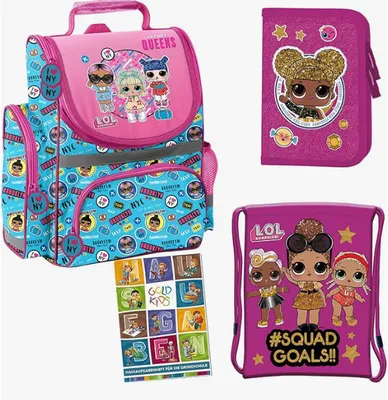 Produktbild von Schulranzen für Jungen und Mädchen, 4er-Set - Schul-Rucksack für Kinder mit Federmäppchen - Schuhbeutel und Hausaufgabenheft - LOL