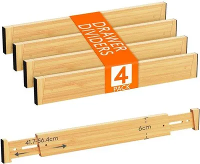 Immagine prodotto di Set di divisori per cassetti in bambù, altezza 6 cm, lunghezza 42-56 cm, per cucina/cassetti/organizer