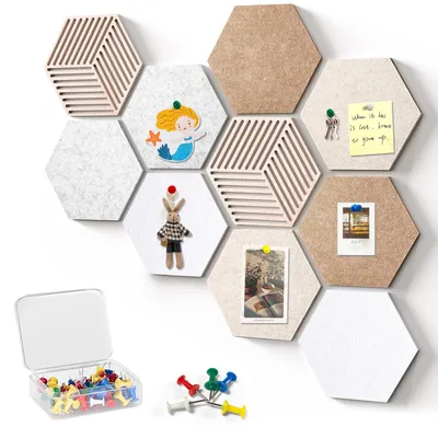 Produktbild von 10 sechseckige Korkwandfliesen, Kork-Pinnwandfliesen mit 50 Stecknadeln, Filz-Pinnwand, selbstklebende DIY-Korkwanddekoration für Büro, Zuhause und Schule