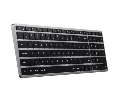 A Satechi Slim X2 wireless keyboard is shown from a diagonal angle against a white background.