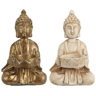Produktbild von 2er Set Buddha Teelichthalter Höhe 14 cm aus Harz Gold und Weiß Teelicht Halter Kerzenhalter