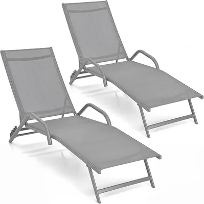 Imagen del producto de Conjunto de 2 tumbonas para exteriores, resistentes a la intemperie, con reposabrazos, color gris