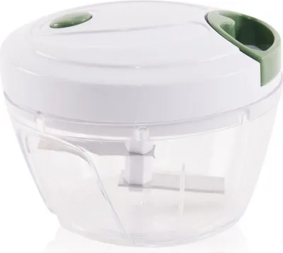 A white and green manual food chopper with a clear plastic container and metal blades is shown against a white background.