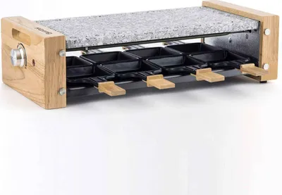 A raclette grill with a granite stone top and wooden accents, shown on a white background.