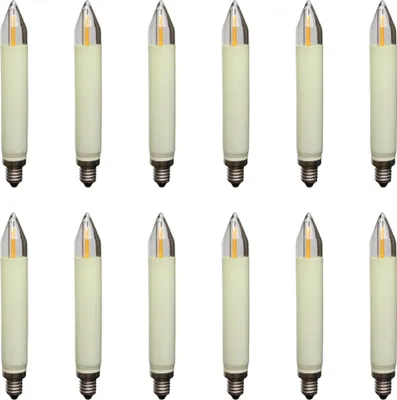 A product shot of multiple LED filament candle bulbs arranged in two rows against a white background.