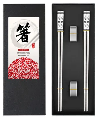 Essstäbchen-Set, 2 Paar Edelstahl, spülmaschinengeeignet, mit Ablagen
