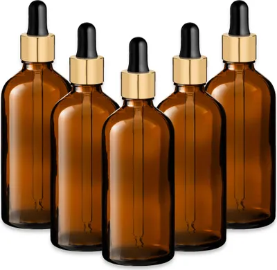 Produktbild von 5x Glasflasche braun 100 ml mit goldener Aluminium Pipette 18/415 leer