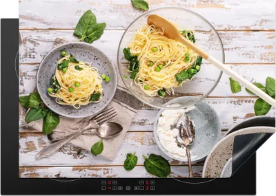 Produktbild von KitchenYeah© Herdabdeckplatte Nudeln - Basilikum - Kochen , 75x52cm, Küche Deko, Glaskeramikkochfeld Herdabdeckung, Abdeckplatte fùr Kochfeld