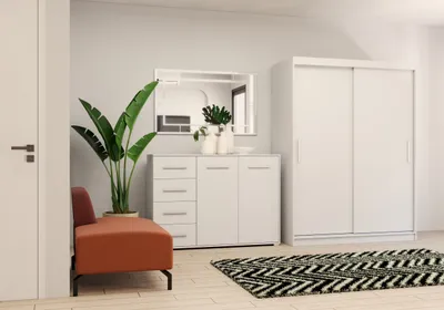 Obrázek produktu pro sada 2 skříní s posuvnými dveřmi Šatní skříň bez zrcadla Bílá/bílá 150cm Vista 04 s komodou 135cm FRIDA 01
