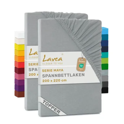 Zdjęcie produktu dla Zestaw 2 sztuk prześcieradeł satynowych Lavea® o wymiarach 200x220 cm, wykonanych w 100% z bawełnianego dżerseju – przeznaczone do materacy o grubości do 12 cm – miękkie, srebrne