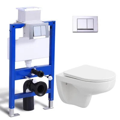 Produktbild von Komplett Vorwandelement Toilette Set - 82cm Unterputzspülkasten + Hänge Spülrandlos WC Wand Toilette + Rechteckig Chrome Drückplatte HOROW