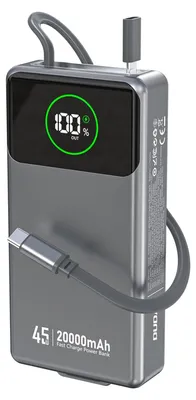 Produktbild von K31 Pro 20000mAh Powerbank mit einziehbarem USB-C-Kabel, 45W – Grau