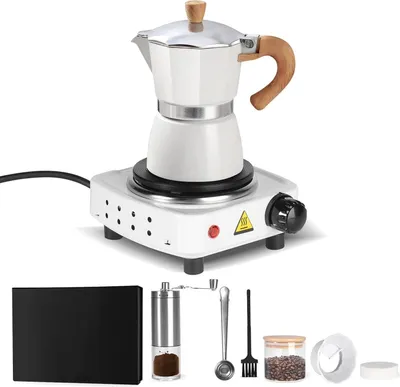 Produktbild von 7-teiliges Set Espressokocher Set mit Elektrisch Herd, 3 Espressotassen, 150 ml, mit Moka-Kanne, Elektroherd, Mühle, Messlöffel, Pulverspender, Geschenk für Kaffeeliebhaber,Weiß