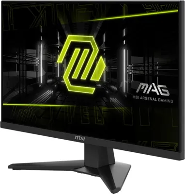 A gaming monitor displaying a futuristic graphic with a neon green logo.