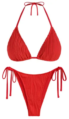 Immagine prodotto di Costumi da bagno bikini da donna ZAFUL, con spalline che si legano dietro il collo, due pezzi, effetto текстура, vita alta