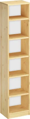 A tall, narrow, light-colored wooden bookshelf with six shelves against a white background.