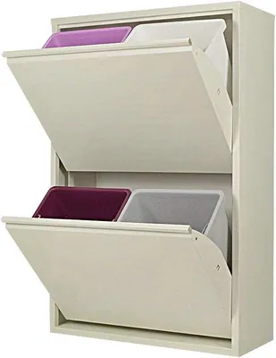 Image de Poubelle pour le tri sélectif, blanc métallisé, modèle armoire, peu encombrante à l'intérieur comme à l'extérieur - Poubelle à 2 compartiments de 60 litres