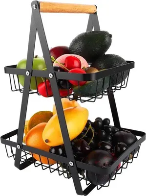 Productafbeelding van Famanu Fruitmand met 2 lagen - Metalen fruitmand met handvat - Zwart