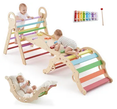 Produktbild von Kletterdreieck - Montessori Kletterspielzeug Set - 9-in-1 Indoor Spielgerät - Mit Rutsche Kletterbogen Xylophon Kissen - Für Kinder 1-3 Jahre - Bis 68 kg Belastbar - Holz