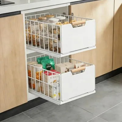 Produktbild von PolkaHome® 2er Set Ausziehbarer Schubladen-Organizer für Küchenschränke, Metall-Teleskopschublade mit Holzgriff, ohne Bohren, 40x25x18