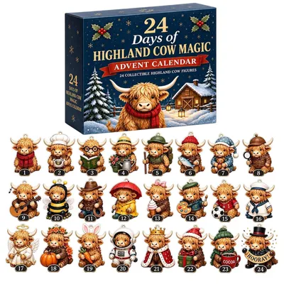Productafbeelding van Adventskalender 24 dagen Highland Cow Magic 24 verzamelfiguren Kerstdecoratie 2026 24 stuks 3D koe Kerstkalender figuren Kerstboom Donkerblauw 26x18cm