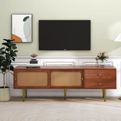 Produktbild von okwish Retro-Rattan-TV-Schrank, bodenstehender Stauraum, Wohnzimmermöbel, TV-Schrank mit 2 Schubladen, 2 Rattan-Schiebetüren, 4 Fächer, herausnehmbares Laminat