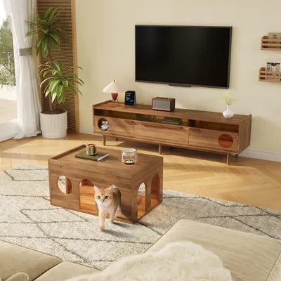 Produktbild von Merax TV-Schrank mit Katzenhöhle, LED-Beleuchtung, TV Lowboard Katzenschrank mit 2 Türen, Schubladen, TV-Schränke, Katzenhaus, 180x40x50 cm, Nussbaum