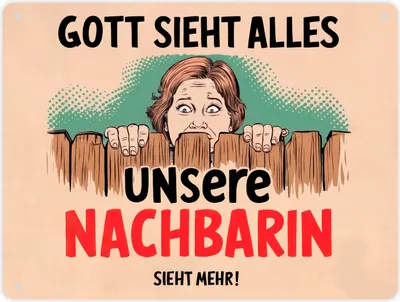 Produktbild von Unsere Nachbarin sieht mehr als Gott Metallschild XL in 21x28 cm