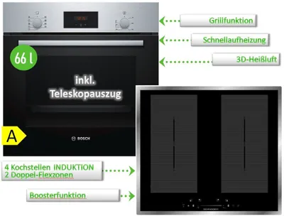 Produktbild von Herdset Bosch Backofen Teleskopauszug 3DHeißluft + Wolkenstein Induktionskochfeld autark 60cm