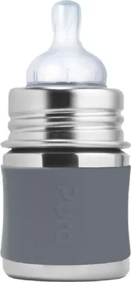 Produktbild von Pura Kiki Babyflasche mit Sauger, Edelstahl Sleeve Hülle, 150 ml, plastikfrei Grau