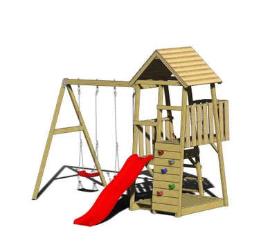 Produktbild von Wendi Toys Holz Spielturm Salamander inkl. Rutsche, Kletterwand und 2 Schaukeln Natur 290x340x270 cm