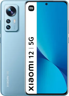 A light blue Xiaomi 12 smartphone is shown from the back and front, with the screen displaying a blue gradient.