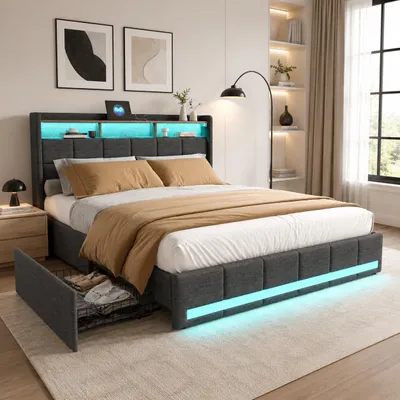 Obrázok produktu pre Postel INONEFT, čalúnená, 180x200 cm, s LED osvetlením a USB portami, dvojlôžko/posteľ pre mládež s 4 zásuvkami a 3 odkladacími priehradkami, materiál: ľan, farba: sivá, Obrázok generovaný UI
