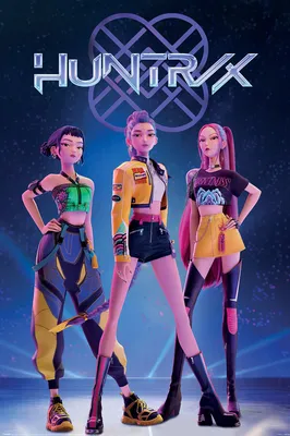 Three animated characters in futuristic outfits stand against a dark blue background with a stylized logo above them.