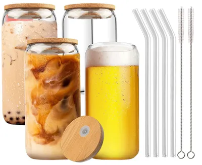 Bubble Tea Gläser Set 4er 480 ml mit Bambusdeckel & Glasstrohhalmen