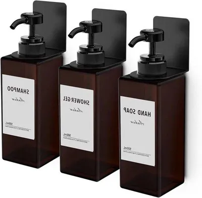 Image de Lot de 3 distributeurs de savon 500 ml à fixation murale avec étiquettes sans perçage pour cuisine et salle de bains - Marron