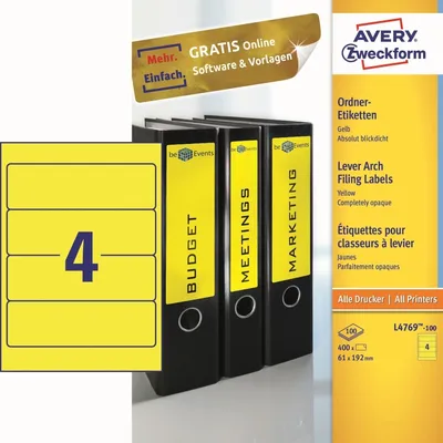 Obrázok produktu pre Štítky na zakladače 192x61mm žlté 100 listov/400 štítkov balenie po 5 ks