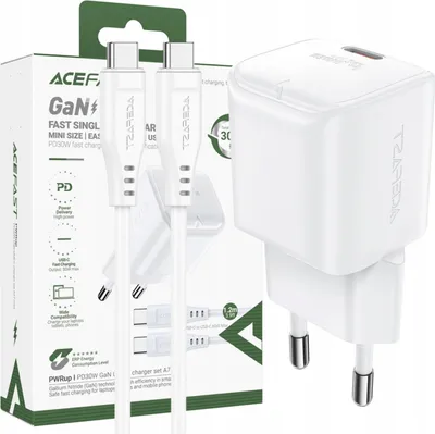Obrázek produktu pro Acefast Mini Pd Rychlá nabíječka 30W Gan+USb-C kabel Bílá