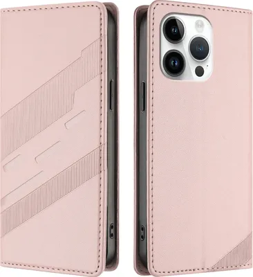 Image de Etui pour iPhone 13 Pro, étui portefeuille en cuirPolyuréthaneavec fente pour cartes et fonction stand Rose