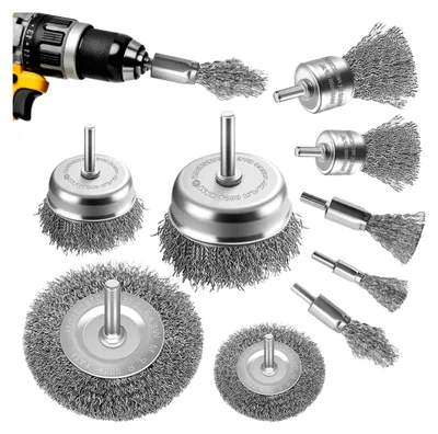 Produktbild von 9-teiliges Drahtbürsten-Set für Bohrmaschine mit 1/4-Zoll-Schaft - Drahtbürstenrad, Topfbürste und Rohrbürsten zum Reinigen von Rost, Entfernen von Farbe und Holz