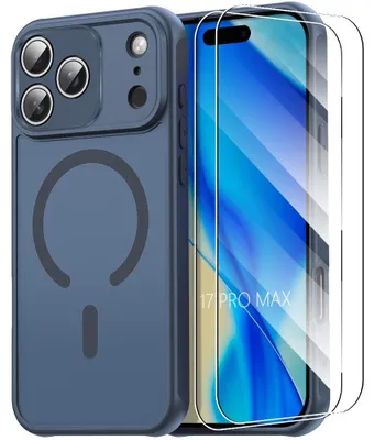 Image de Coque + 2 Verres Trempés pour iPhone 17 Pro Max, avec Anneau Magnétique et Protection Caméra - Bleu Marine