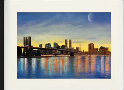 Produktbild von New York Gerahmtes Bild Mit Edlem Passepartout | Wand-Bilder | Im Bilderrahmen - Brooklyn Bridge Bei Morgenröte Mit Skyline (60 x 80 cm)