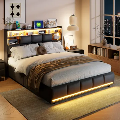 A modern bedroom with a bed, nightstand, and bookshelf.