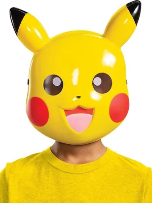 A child wearing a Pikachu mask and a yellow t-shirt against a white background.