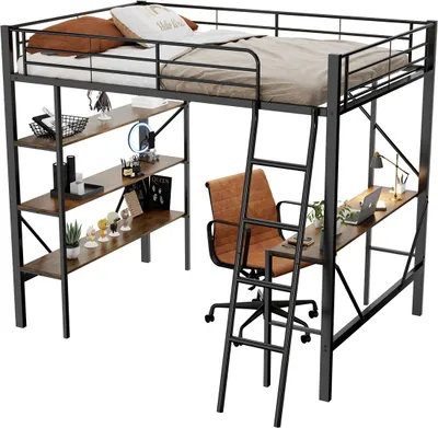 Produktbild von Bettgestell Metallbett(90x200cm,Schwarz)Eisenbett, Hochbett mit Schreibtisch und drei großen Ablagen für Kinder, Jugendliche und Erwachsene