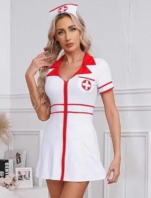 A woman wearing a nurse costume.