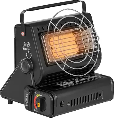 A portable gas heater is shown against a white background.