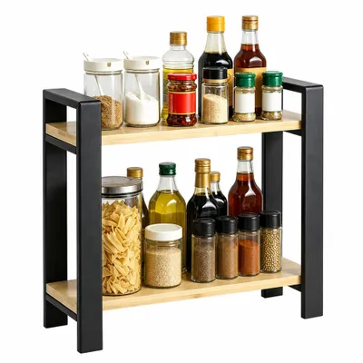 Produktbild von Gewürzregal mit 2 Ebenen, Küchenregal Standregal, platzsparendes Küchen-Eckregal für mehr Stauraum auf der Arbeitsfläche, Industrie-Design