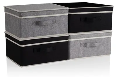 Produktbild von Aufbewahrungsboxen mit Deckel, Faltbarer Aufbewahrungskorb für Kleidung, Schwarz+Grau